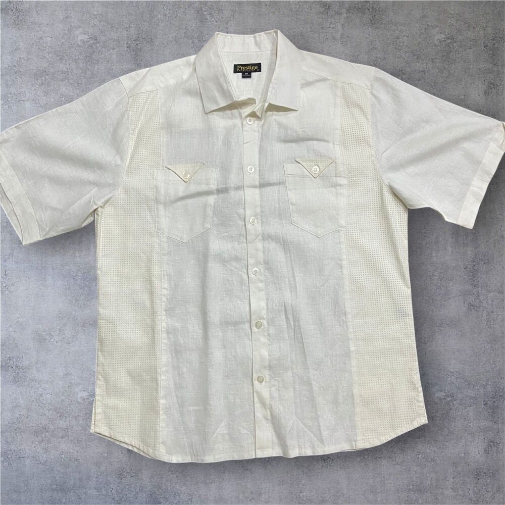 Prestige Vintage Y2K Casual Dual Pocket Linen Off White Button Up Shirt Mens 2XL